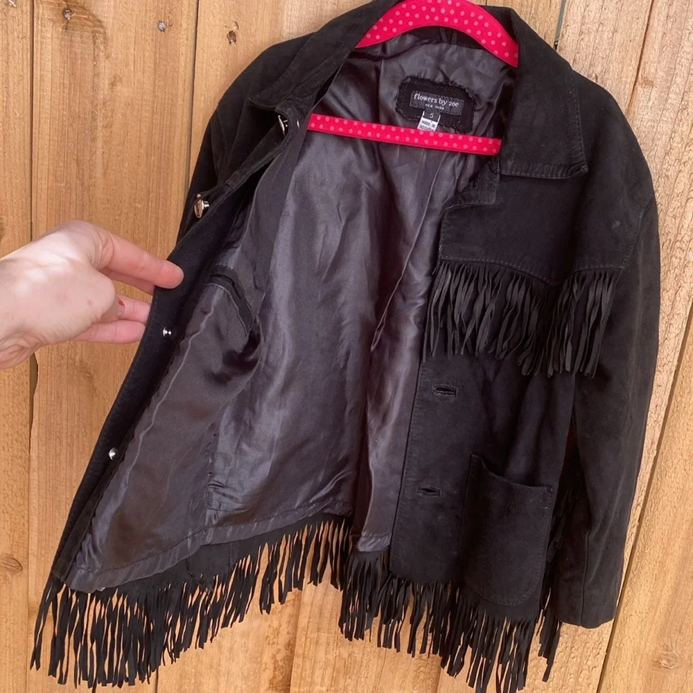 Girl Sz 5 Genuine Leather Suede Fringe Jacket Black Flowers by Zoe Rodeo Western